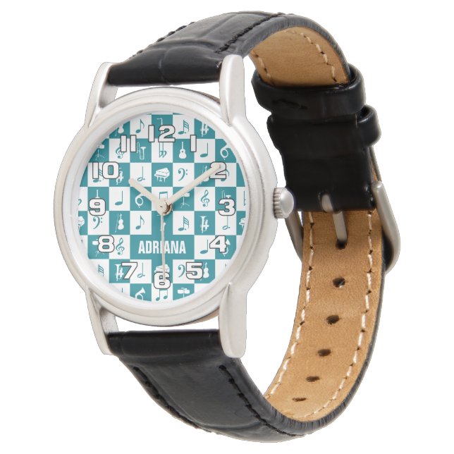 Custom teal and white music notes and instruments watch (Angled)
