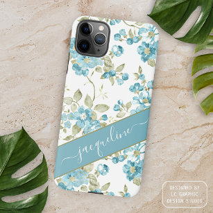 Custom Teal Aqua Blue Sage Green Flowers Art iPhone 15 Pro Max Case