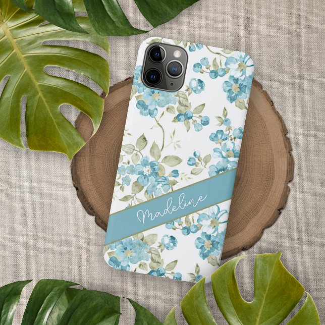 Custom Teal Aqua Blue Sage Green Flowers Pattern Case-Mate iPhone Case (Creator Uploaded)