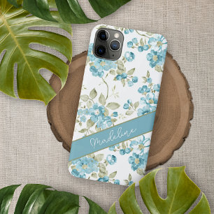 Custom Teal Aqua Blue Sage Green Flowers Pattern iPhone 16 Pro Max Case