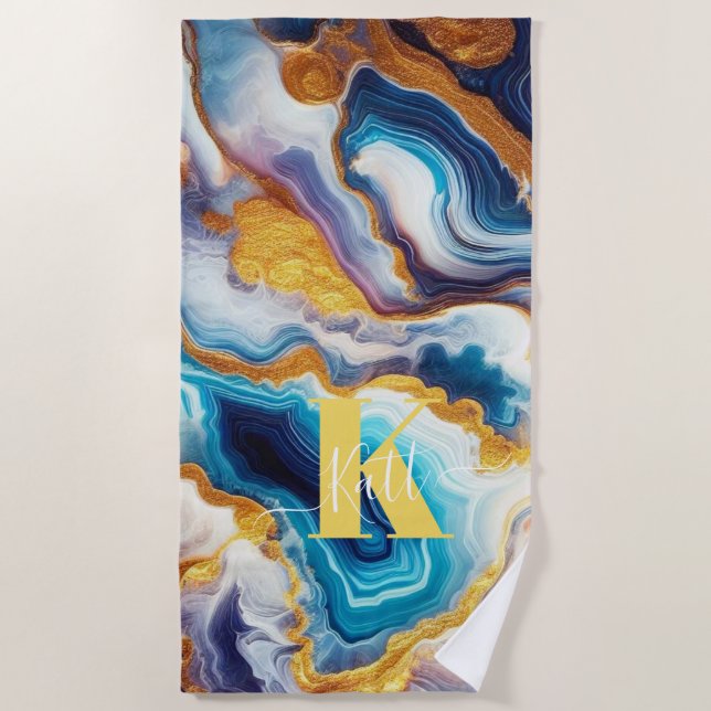 Custom Teal Aqua Golden Agate Monogram Beach Towel (Front)