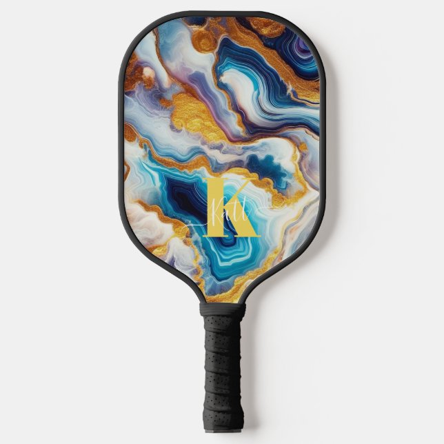 Custom Teal Aqua Golden Agate Monogram Pickleball Paddle (Front)