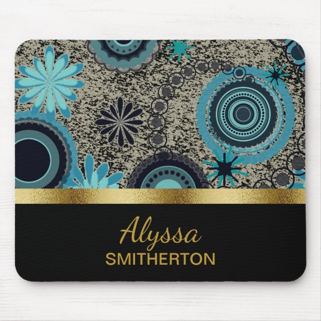 Custom Teal Black Gold Trendy Circles Mouse Pad (Front)