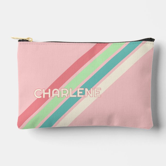 Custom Teal Blue Aqua Coral Lime Green Stripes Accessory Pouch (Front)