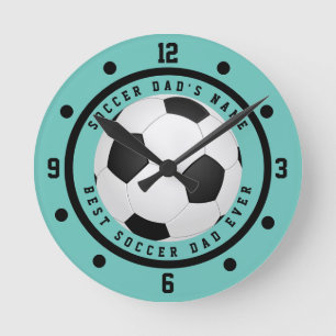 Custom Teal Blue Boy's Soccer Dad Round Clock