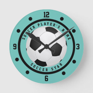 Custom Teal Blue Boy's Soccer Star Player  Round Clock