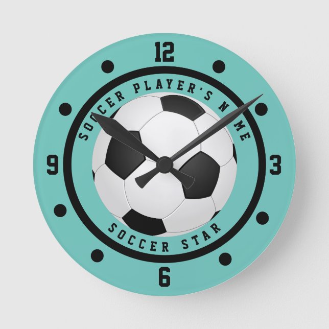 Custom Teal Blue Boy's Soccer Star Player  Round Clock (Front)