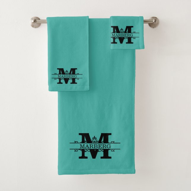 Custom Teal Blue Fancy Monogram Bath Towel Set (Insitu)
