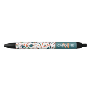 Custom Teal Blue Green Orange Terrazzo Art Motif Black Ink Pen
