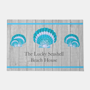 Custom Teal Blue Seashell White Shell Coastal Grey Doormat