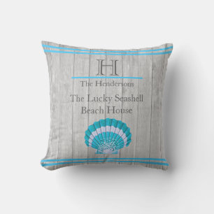 Custom Teal Blue Seashell White Shell Coastal Grey Outdoor Pillow