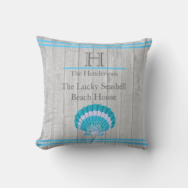 Custom Teal Blue Seashell White Shell Coastal Grey Outdoor Pillow (Front)
