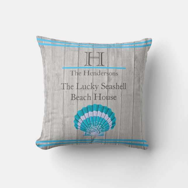 Custom Teal Blue Seashell White Shell Coastal Grey Throw Pillow (Front)