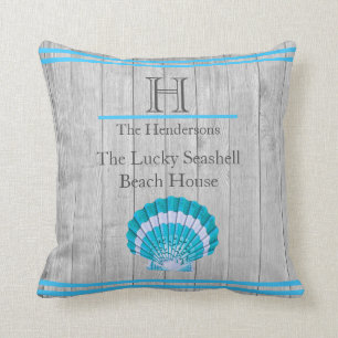 Custom Teal Blue Seashell White Shell Coastal Grey Throw Pillow