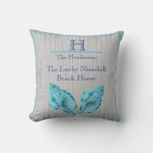 Custom Teal Blue Seashell White Shell Coastal Grey Throw Pillow