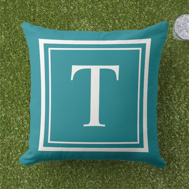 Custom Teal Blue Square Monogram Initial Letter Outdoor Pillow (Grass)
