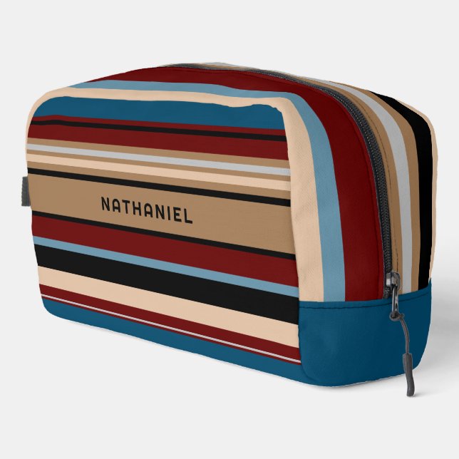 Custom Teal Blue Tan Brown Dark Red Black Stripes Dopp Kit (Right Corner)