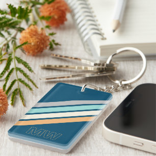 Custom Teal Blue Turquoise Grey Yellow Stripes Art Keychain