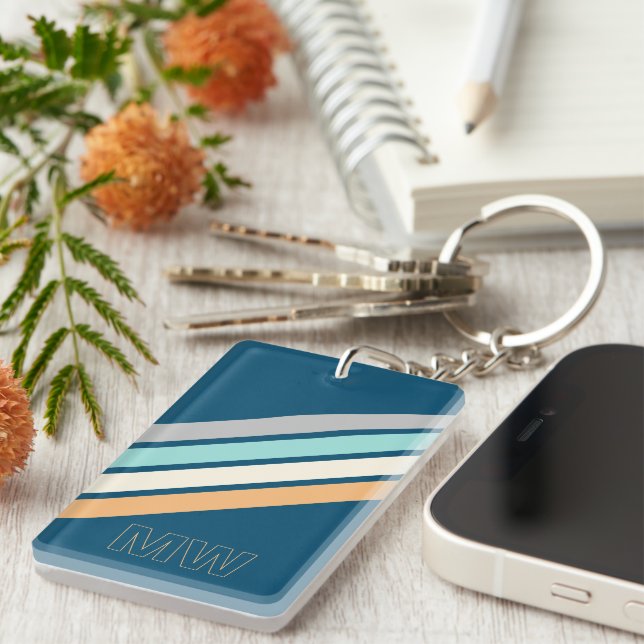 Custom Teal Blue Turquoise Grey Yellow Stripes Art Keychain (Front Right)