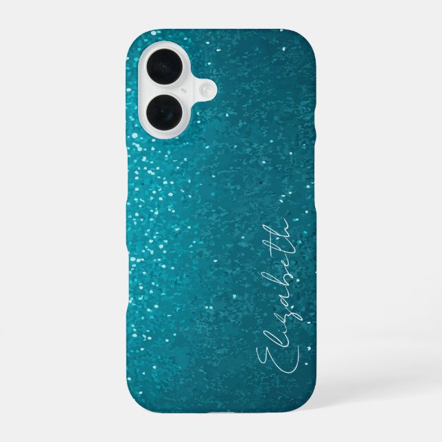 Custom Teal Glitter iPhone 16 Case (Back)