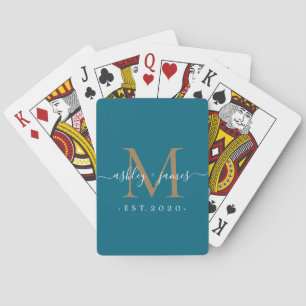Custom Teal & Gold Monogram Newlywed Playing Cards