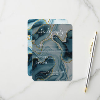Custom Teal Gold Vein Wedding RSVP Card