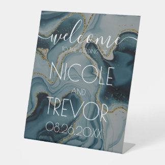 Custom Teal Gold Welcome Wedding  Pedestal Sign