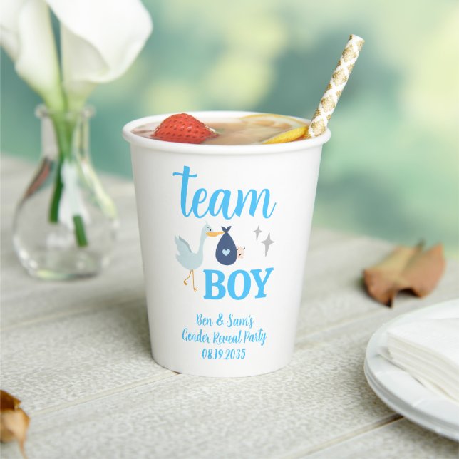 Custom Team Boy Blue Gender Reveal Party Paper Cups (Insitu)