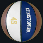 Custom Team Club Player Name Number Monogrammed<br><div class="desc">Create your own custom, personalized, white and faux gold elegant stylish typography / script / text / name on white and dark navy blue background, regulation size, hand stitched basketball. Simply enter the player / team / club / school / college / event / tournament name, and player jersey number,...</div>