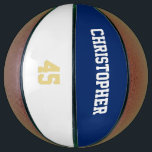 Custom Team Club Player Name Number Monogrammed Basketball<br><div class="desc">Create your own custom, personalized, white and faux gold elegant stylish typography / script / text / name on white and dark navy blue background, regulation size, hand stitched basketball. Simply enter the player / team / club / school / college / event / tournament name, and player jersey number,...</div>