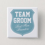 Custom Team Groom buttons for wedding party<br><div class="desc">Custom Team Groom buttons for wedding / bachelor / bachelorette / bridal party. Turquoise and white colour. Personalizable names for groom,  groomsmen,  best man,  bride,  bridesmaid,  maid of honour,  friends,  family etc. Cute design for wedding shower before the wedding. Cool shield emblem with elegant script letters.</div>