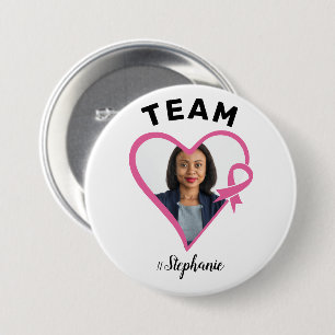 Custom Team Support Pink Ribbon Heart Photo 3 Inch Round Button