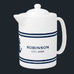 Custom teapot with nautical anchor and navy stripe<br><div class="desc">Custom teapot with nautical anchor and navy stripes. Add your own family name,  established date year or quote. Unique wedding gift ideas for newly weds,  couple,  bride and groom,  husband and wife etc. Stylish typography template with maritime icon. Blue and white colour combo.</div>