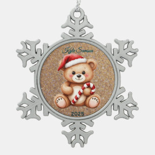 Custom Teddy Bear And Candy Cane Snowflake Pewter Christmas Ornament