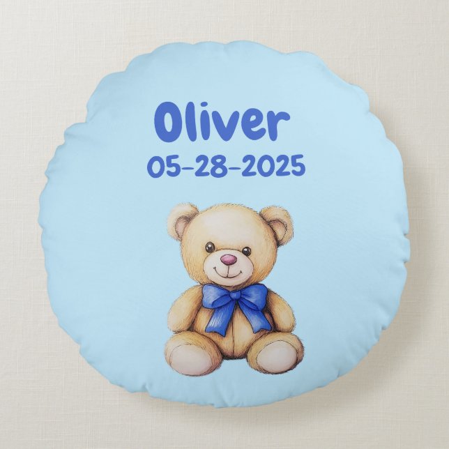 Custom Teddy Bear Baby Boy Name & DOB   Round Pillow (Front)
