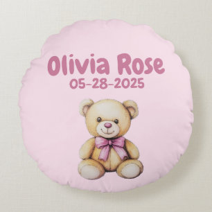 Custom Teddy Bear Baby Girl Name & DOB   Round Pillow