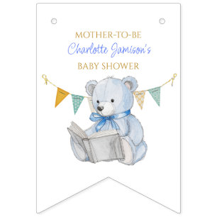 Custom Teddy Bear reading a book Baby Shower Bunting Flags