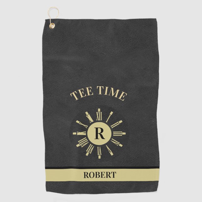 Custom Tee Time Clock Faux Leather Monogram Name Golf Towel (Front)