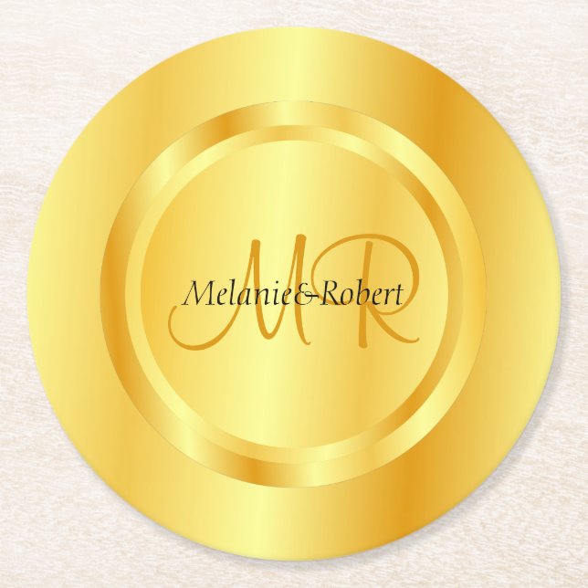 Custom Template Gold Look Modern Monogram Elegant Round Paper Coaster (Front)