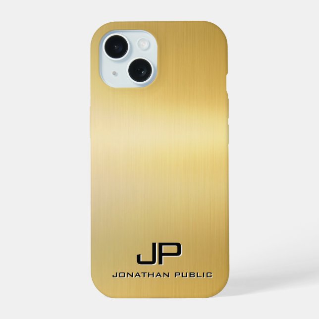 Custom Template Metallic Look Gold Monogram iPhone 15 Case (Back)