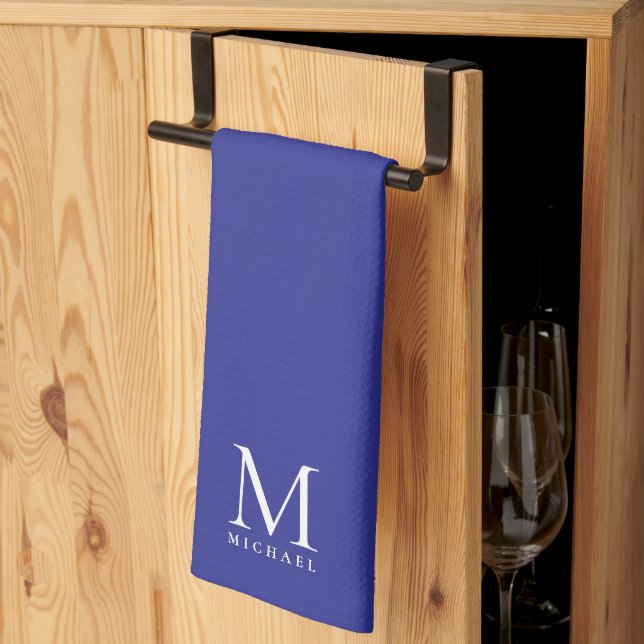Custom Template Trendy Elegant Deep Blue Monogram Kitchen Towel (Thirds Fold)