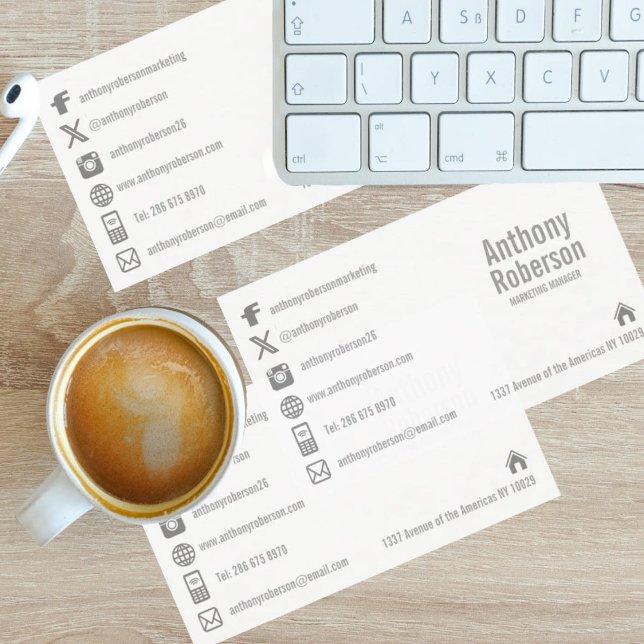 Custom template with social media symbols business card (Elegant grey social media and basic contact information symbols and icons on white background)