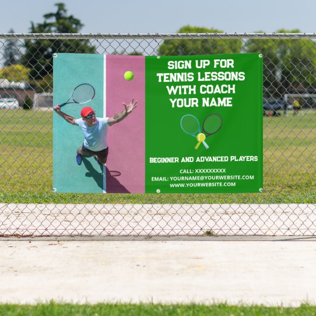 Custom Tennis Coach Coaching Class Lessons Green Banner (Insitu)