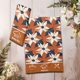 Custom Terracotta White Floral Elegant Kitchen Towel
