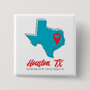 Custom Texas Heart Map Marker City Coordinates 2 Inch Square Button