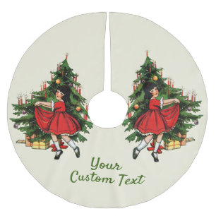 Custom Text 1950s Vintage Girl with Christmas Tree Brushed Polyester Tree Skirt
