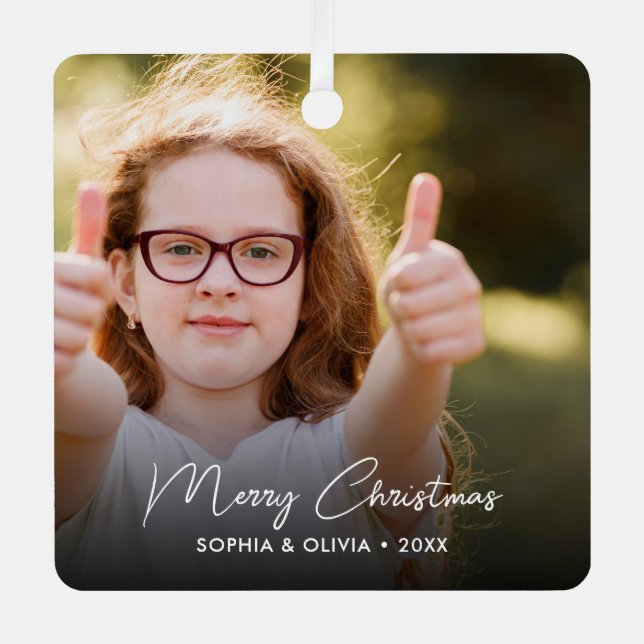 Custom Text 2 Photo Trendy Merry Christmas Metal Ornament (Front)