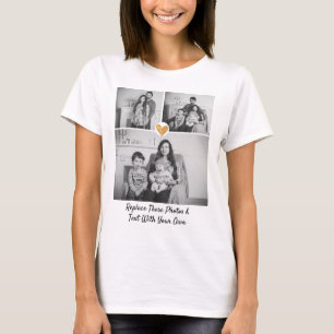 Custom Text / 3 Photos Gold Heart Black/White T-Shirt