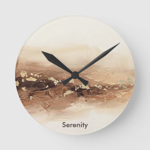 Custom Text 3D Earthy Beige Gold Abstract Art Round Clock