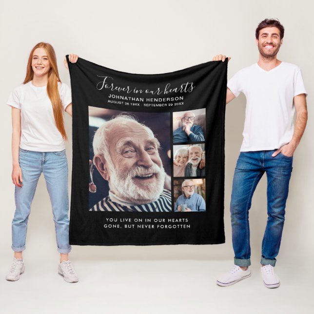 Custom Text 4-Photo Forever In Our Hearts Memorial Fleece Blanket (In Situ)